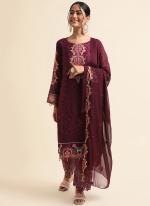 Faux Georgette Wine Traditional Wear Zari Work Straight Suit